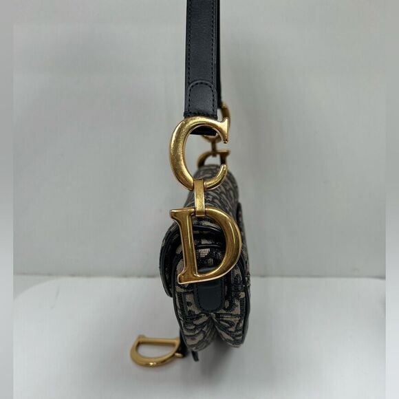 Auth DIOR/ChristianDior Saddlebags,Trotter - Navy Cream Jacquard Leather Handbag - Picture 4 of 11